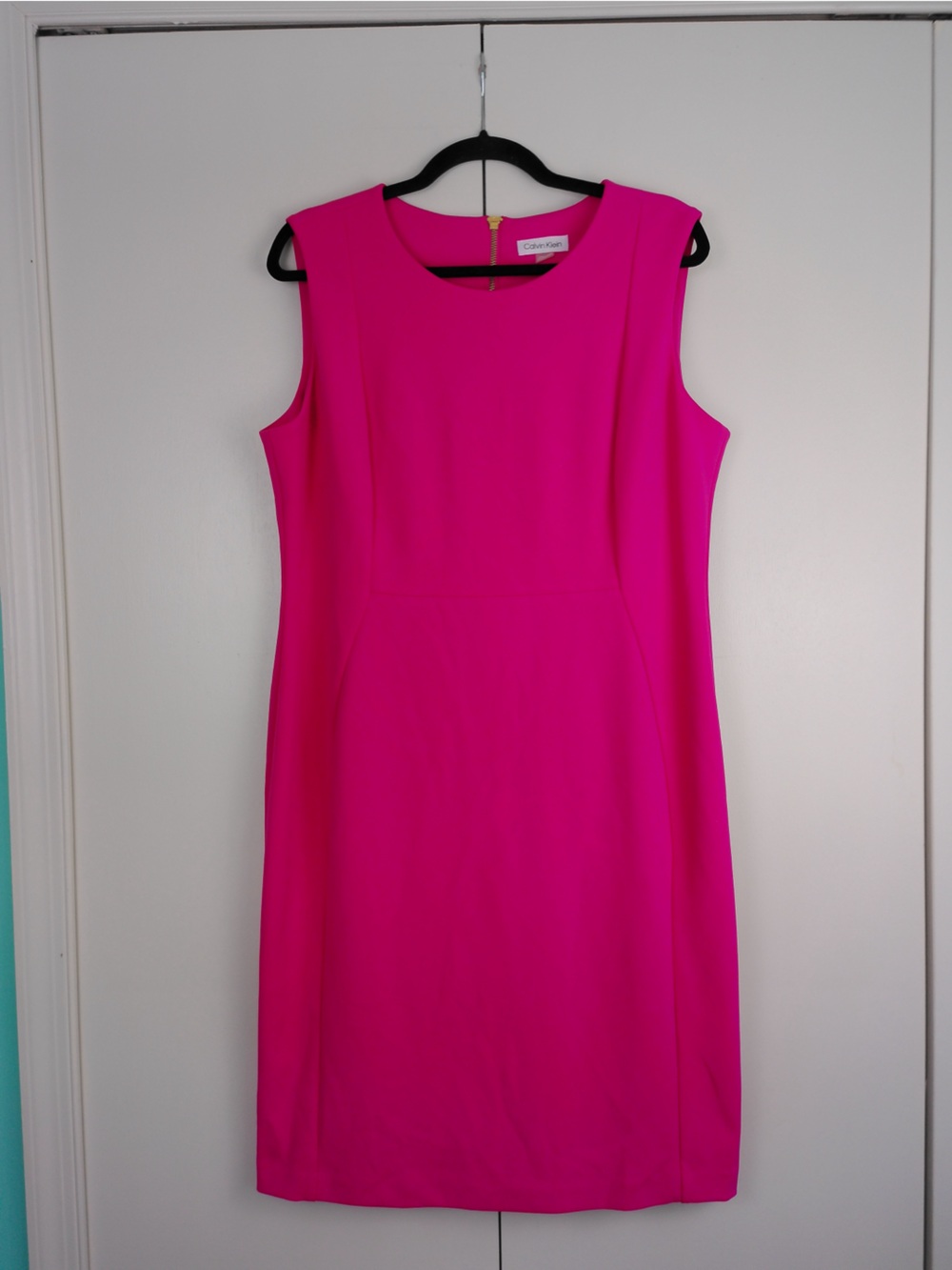 Calvin Klein Hot Pink Scoop Neck Sheath Dress Size 16 Gold Zipper